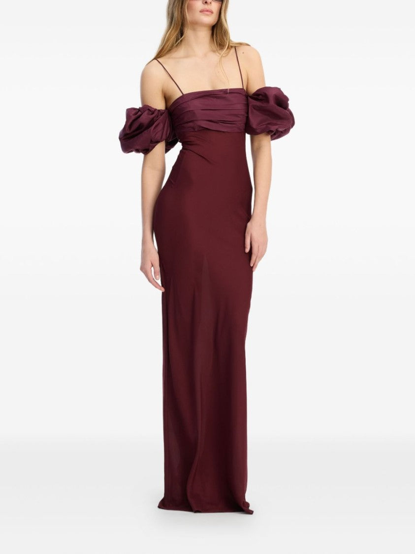 Rotate Burgundy Dress With Puffed Off-Shoulder Sleeves