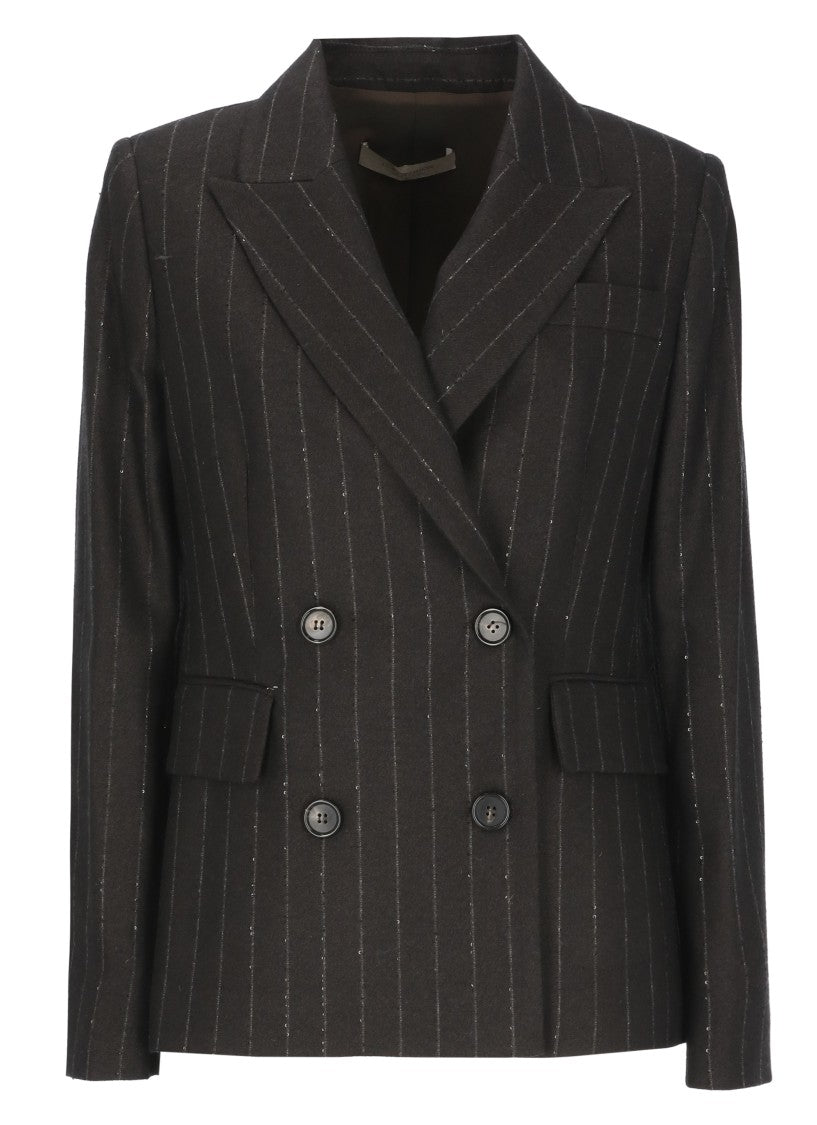 D. Exterior Brown Pinstriped Sequin Wool Double-Breasted Blazer