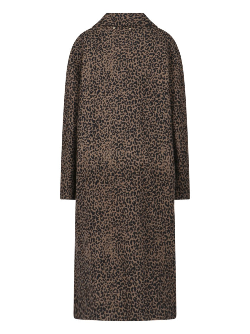 Golden Goose Cocoon Brown Wool Blend Coat With Leopard Print