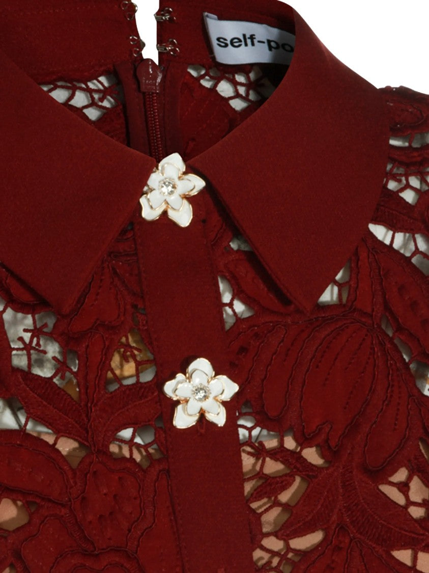 Self-Portrait Burgundy Puff-Sleeve Lace Mini Dress