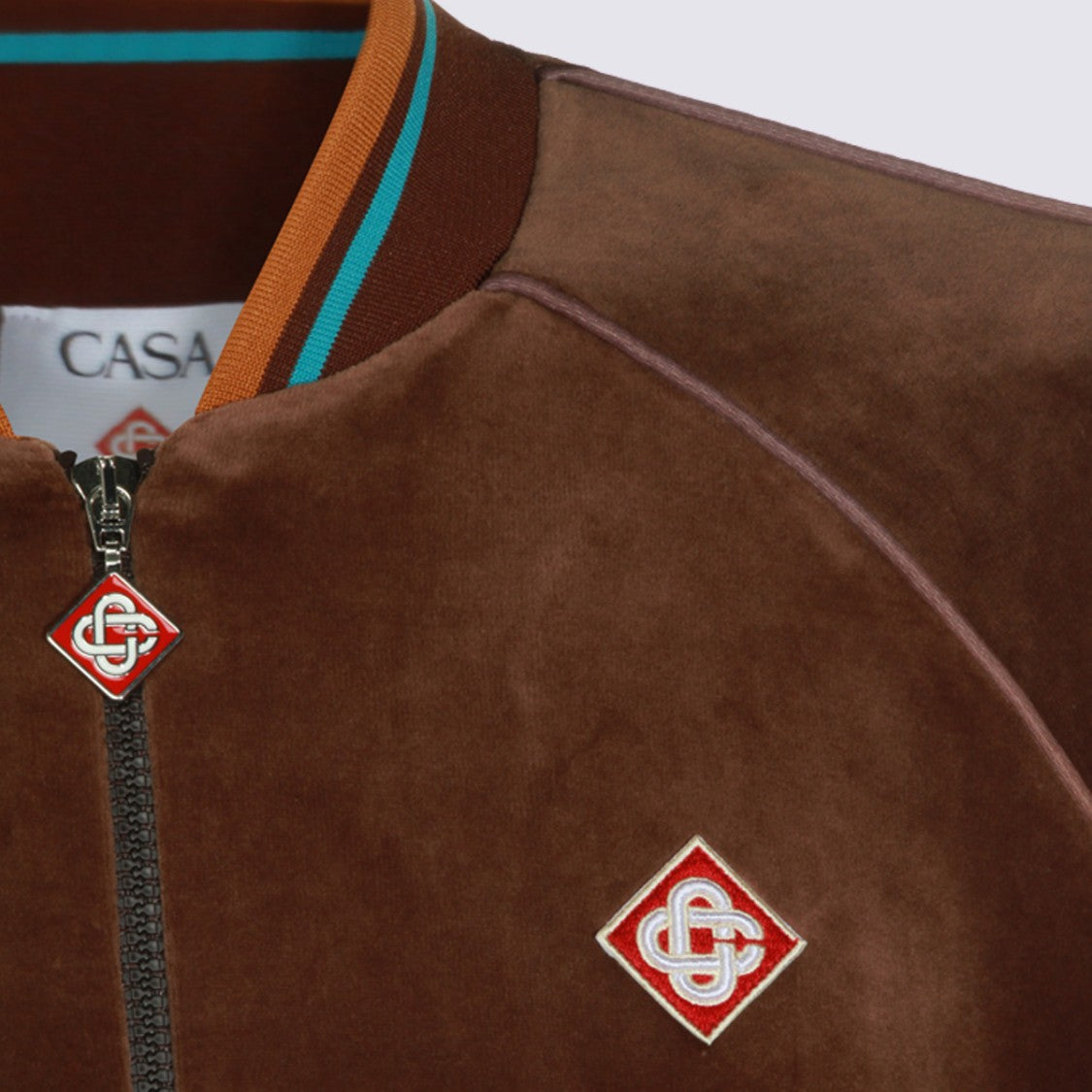 Casablanca Brown Velvet Bomber Sweater With Contrasting Stripe Details