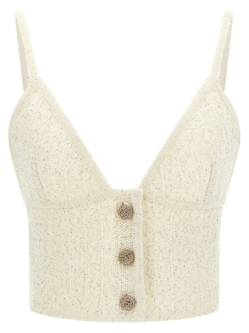 Alessandra Rich Triangle-Cut Wool Blend Top With Micro Sequin Appliqué