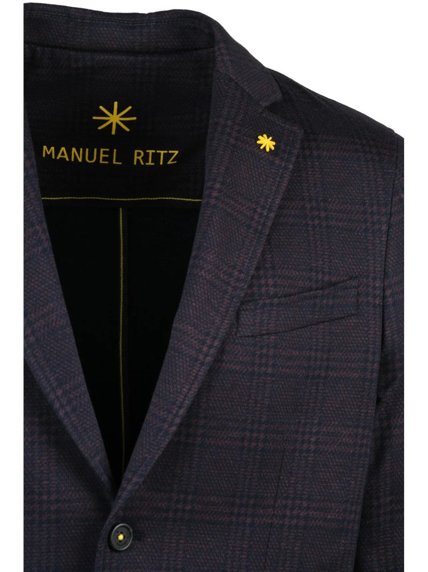 Manuel Ritz Blue/Brown Checkered Unlined Cotton-Blend Jacket