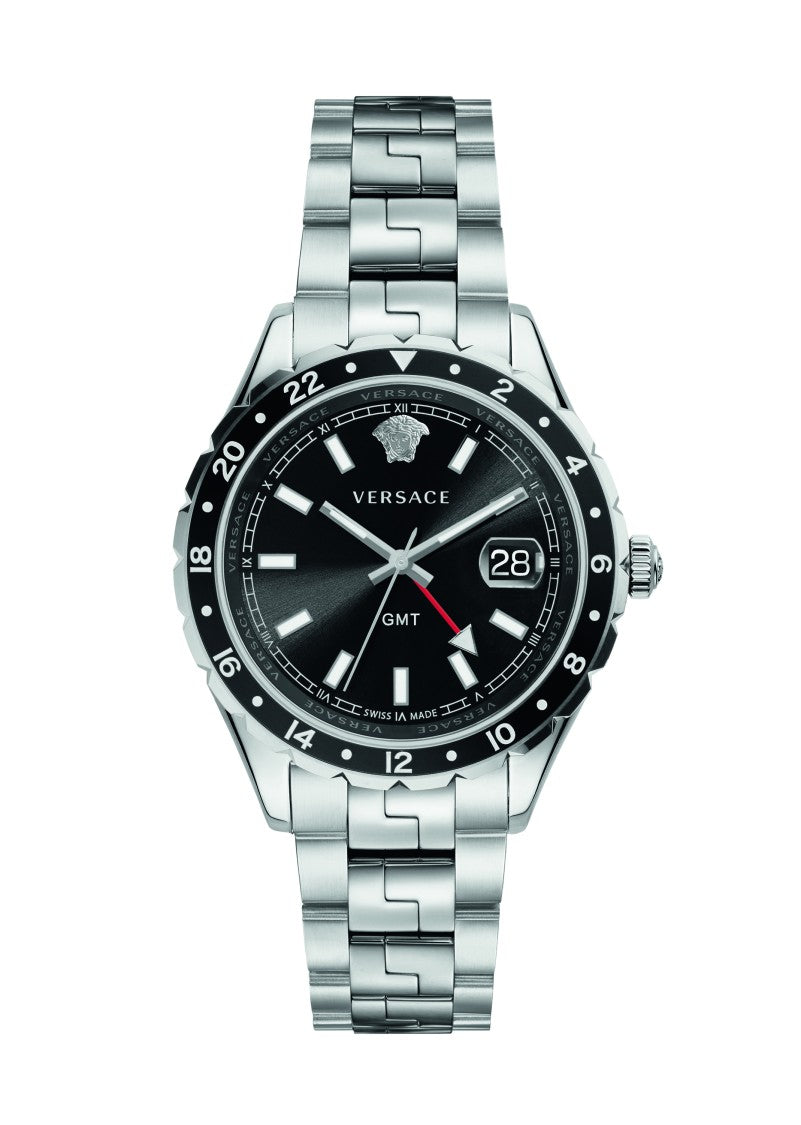Versace Hellenyium Gmt Stainless Steel Watch With Black Dial And Sapphire Crystal