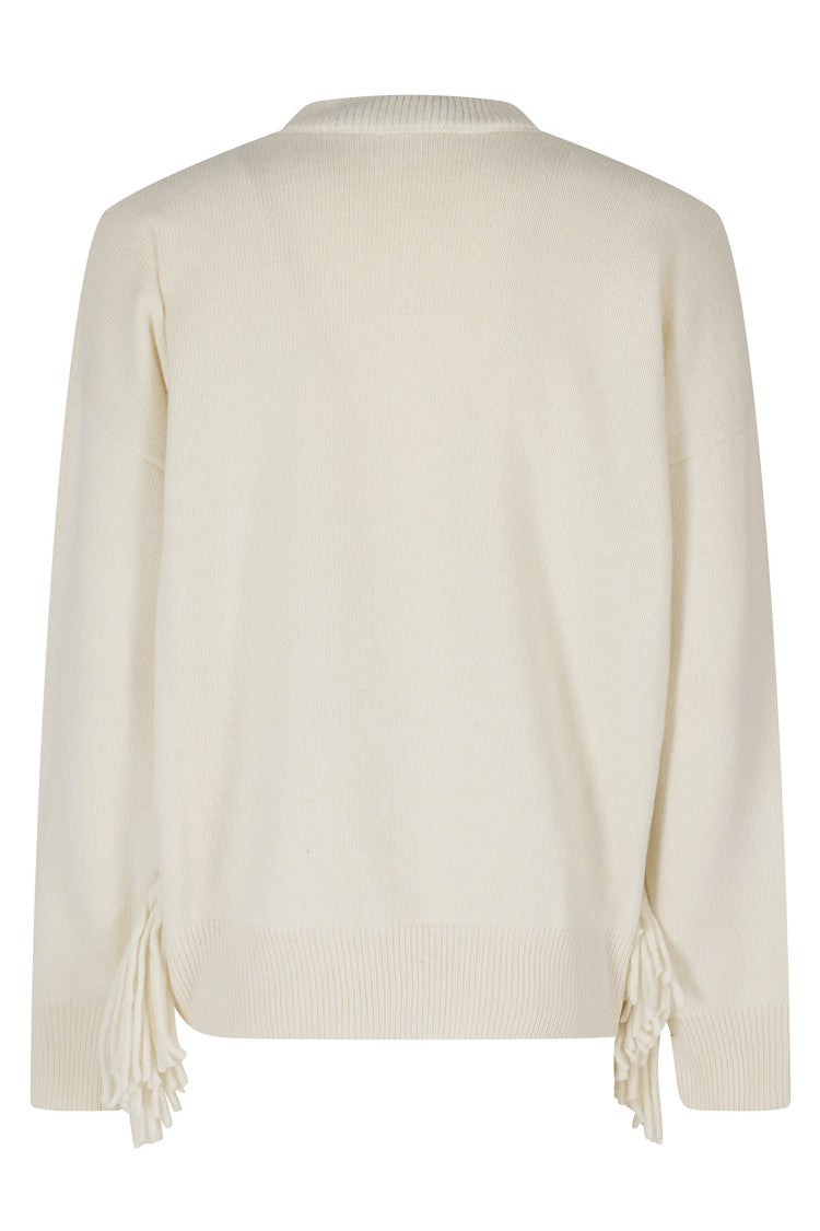 Federica Tosi White Fringed Dropped Shoulders Wool-Blend Sweater