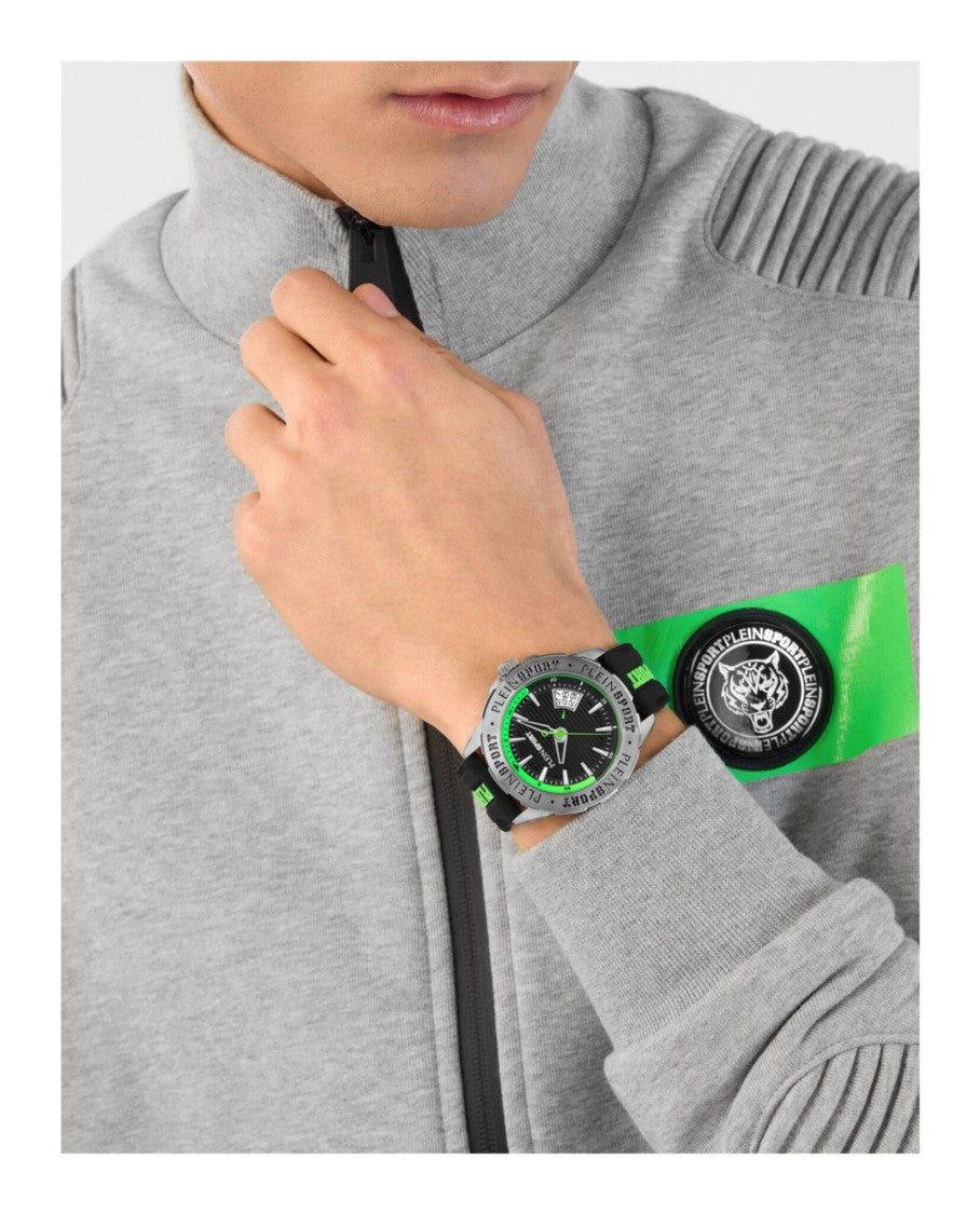 Plein Sport Bold Black Silicone Watch With Vibrant Green Accents