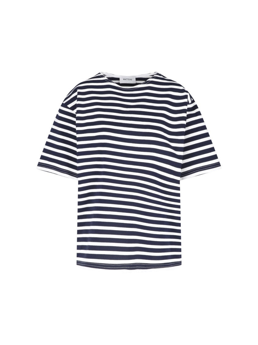 Matteau Navy Horizontal Striped Cotton T-Shirt