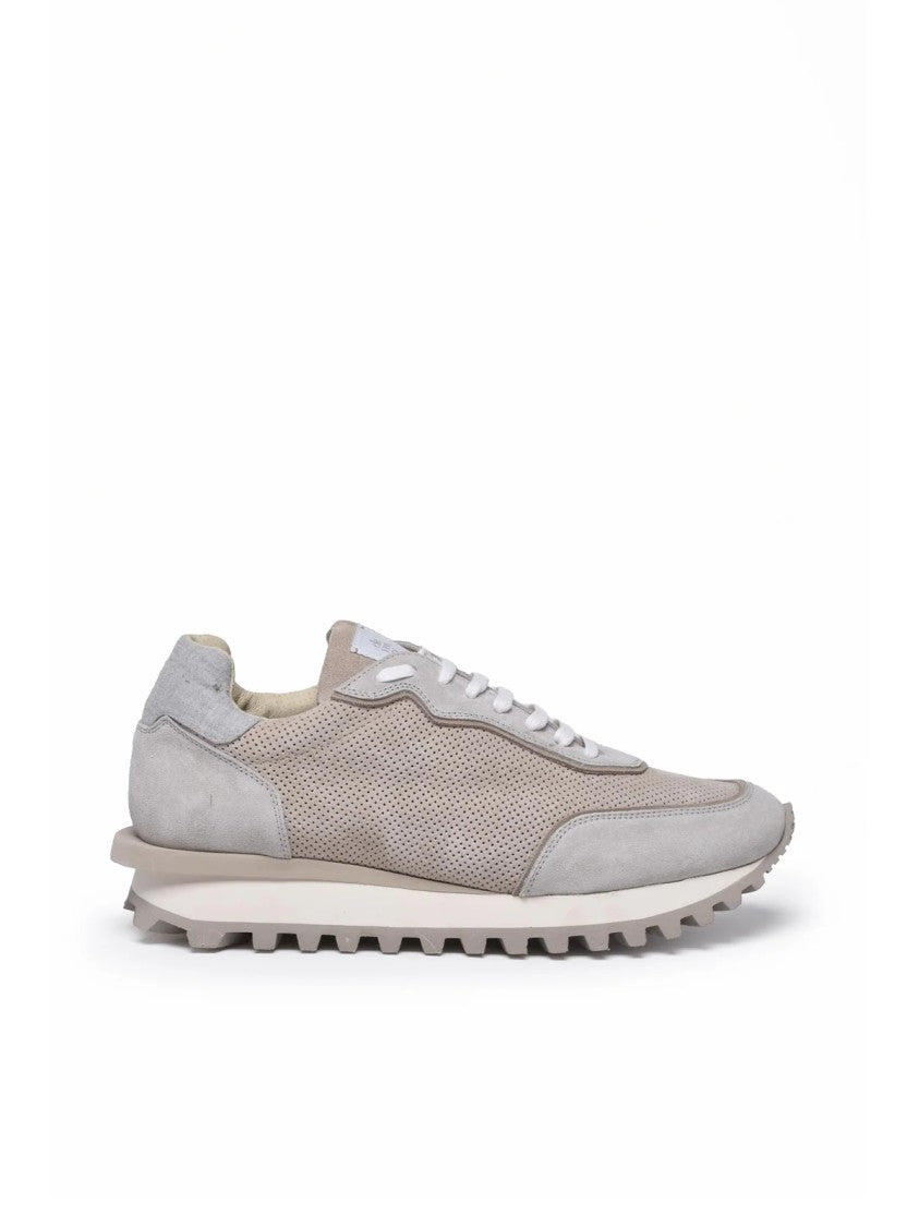 Eleventy Beige Perforated Suede Rubber Sole Sneakers