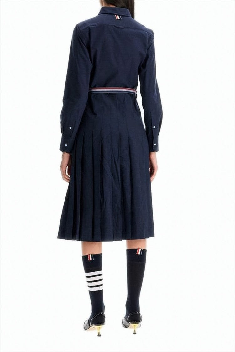 Thom Browne Pleated Midi Dress With Classic Collar And Waist Belt