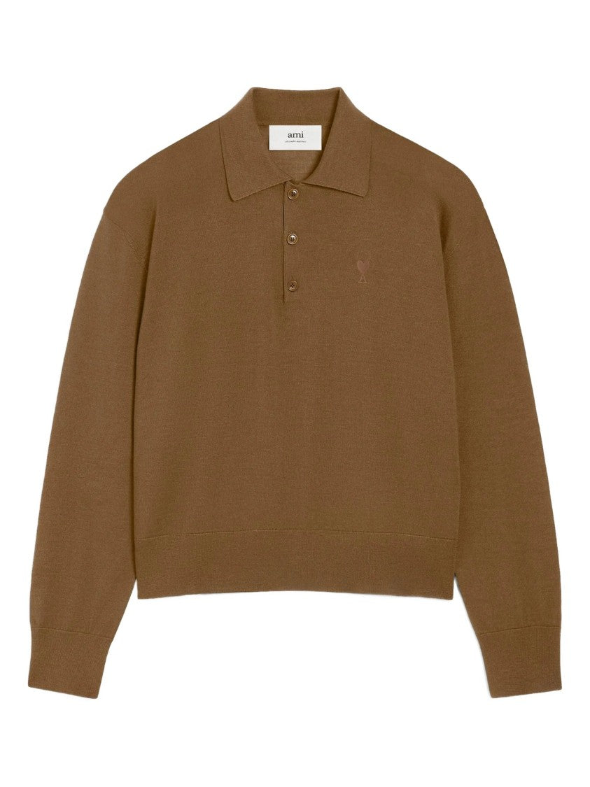 Ami Brown Wool-Silk Blend Polo Shirt