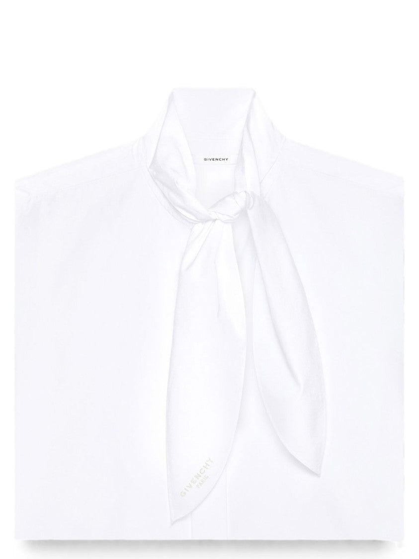 Givenchy White High Neck Front Tie Long-Sleeve Blouse