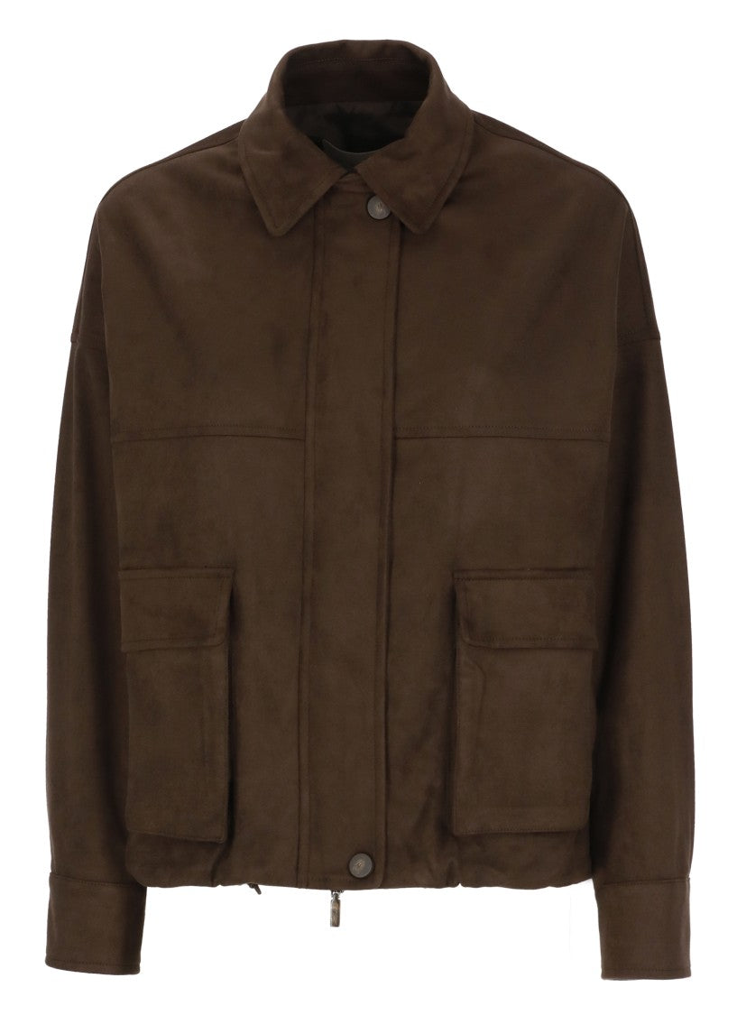 D. Exterior Brown Synthetic Leather Zip Bomber Jacket