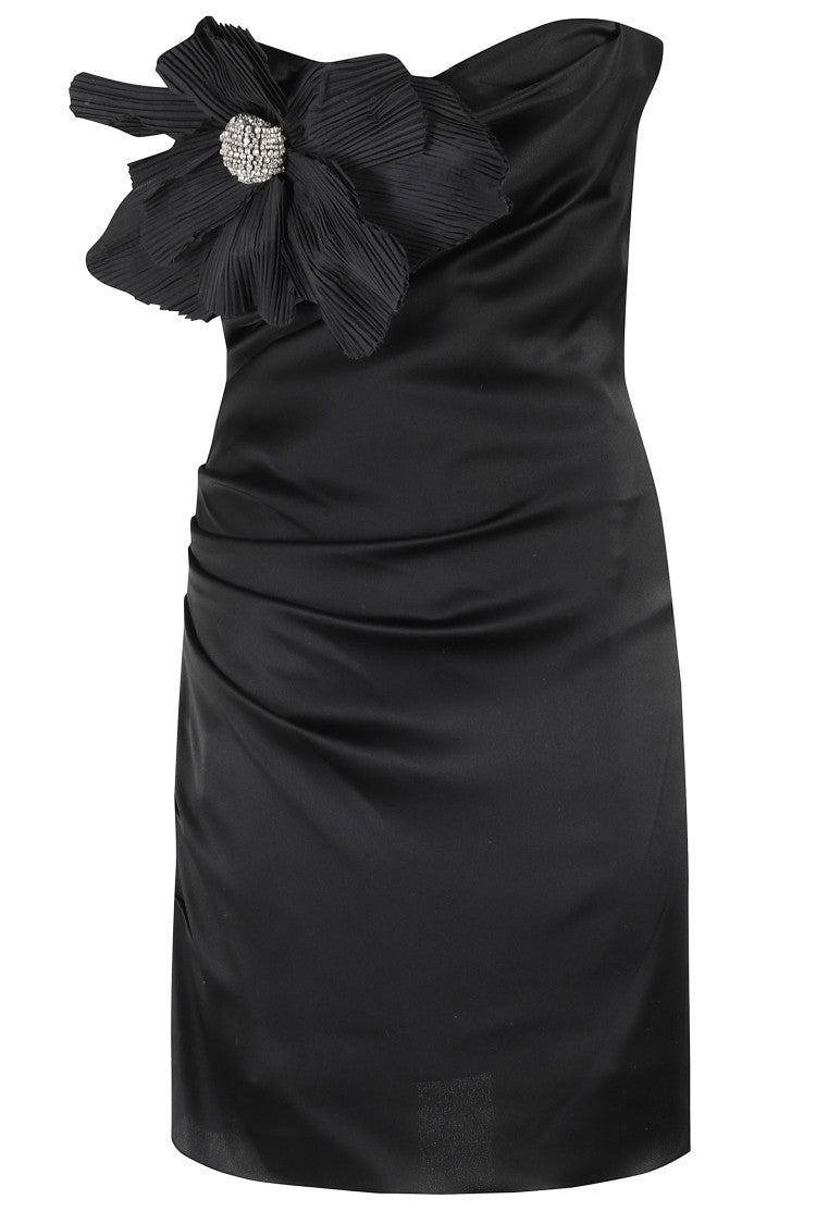 Amen Satin Sheath Dress With Floral Applique