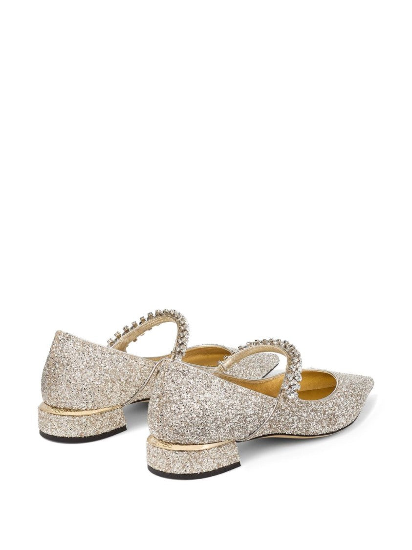 Jimmy Choo Pointed-Toe Glitter Flats With Crystal Embellished Strap