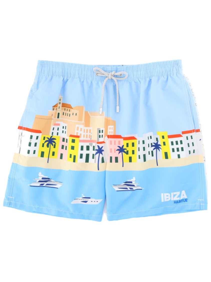 Mc2 Saint Barth Light Blue Coastal Cityscape Swim Shorts