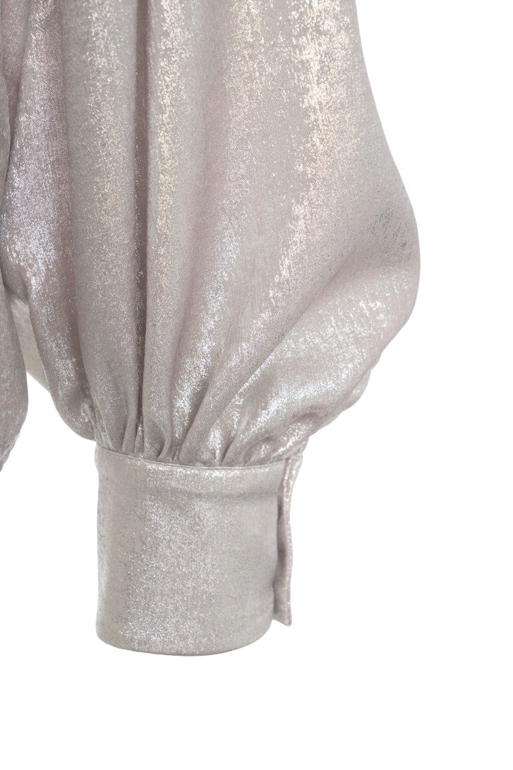 Himon's Glitter-Finish Blouse With Classic Collar And Puff Sleeves