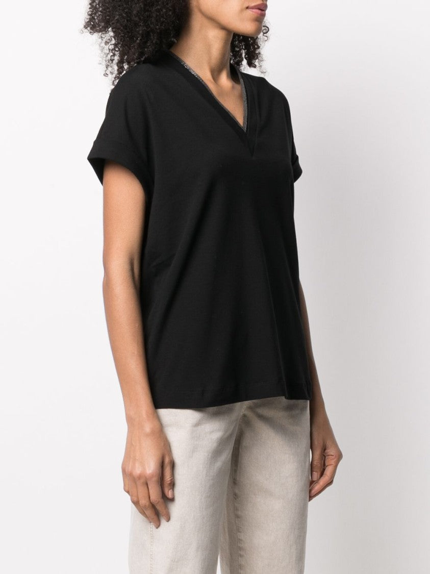 Brunello Cucinelli Black Cotton-Blend V-Neck Top