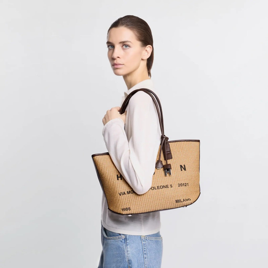 Hogan Beige Address Shopping Piccola Raffia Shopping Bag
