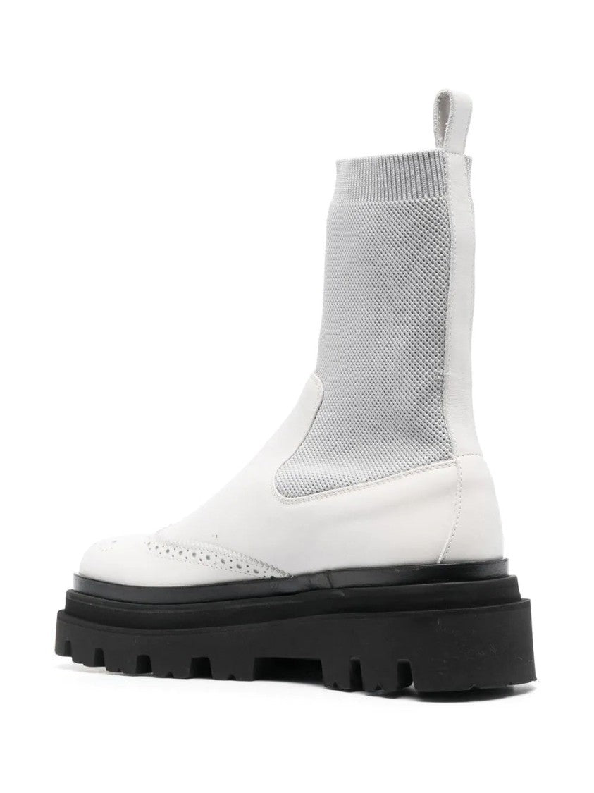 Eleventy Brogue Detail Grey Leather Ankle Boots With Chunky Sole