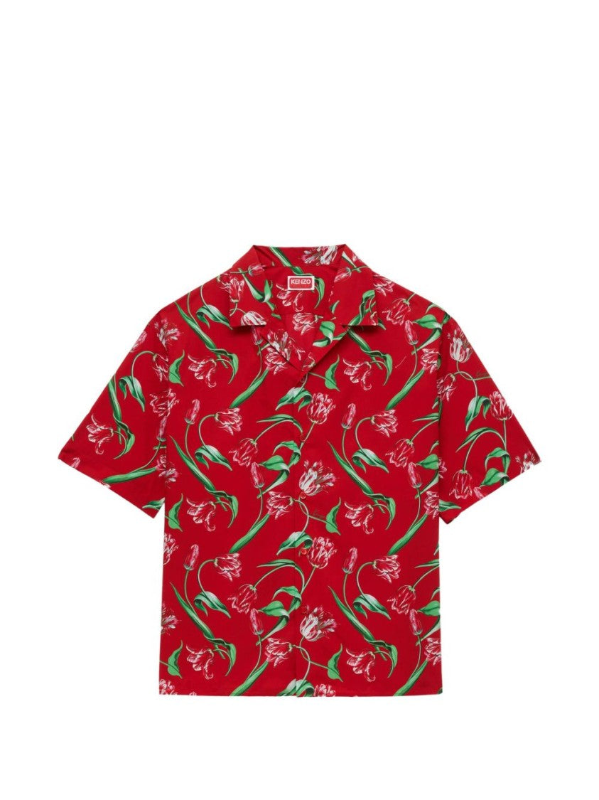 Kenzo Vibrant Red Short-Sleeved Casual Shirt With Floral Pattern