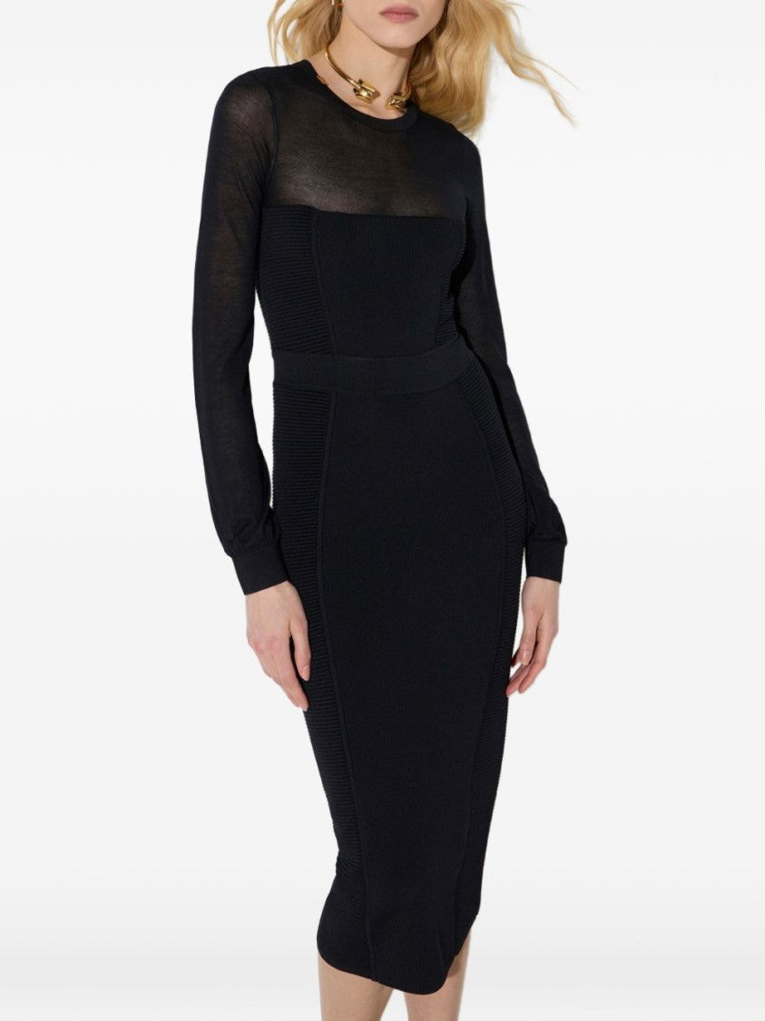 Elisabetta Franchi Fitted Black Midi Dress With Sheer Sleeves And Ribbed Panels