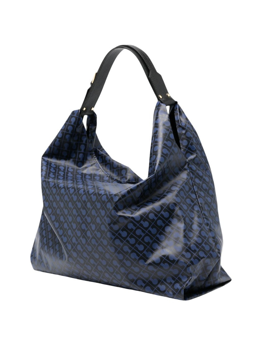Gherardini Navy Blue Monogram Print Hobo Bag With Gold-Tone Hardware