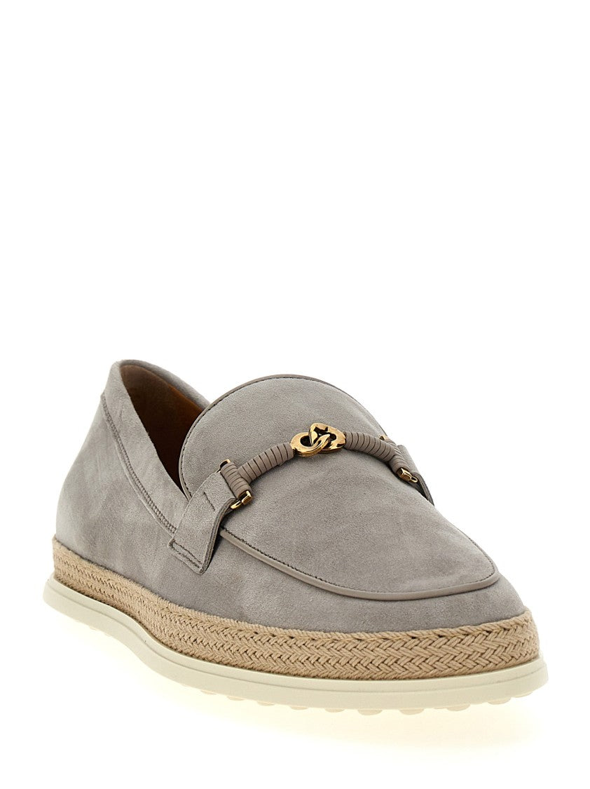 Tod's Grey Suede Loafers With Raffia Band