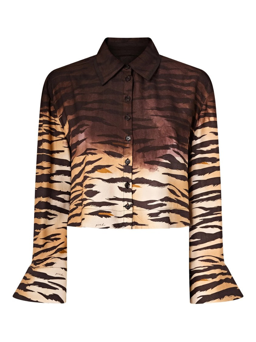 Pinko Brown Cordelia Cropped Tiger-Stripe Print Shirt
