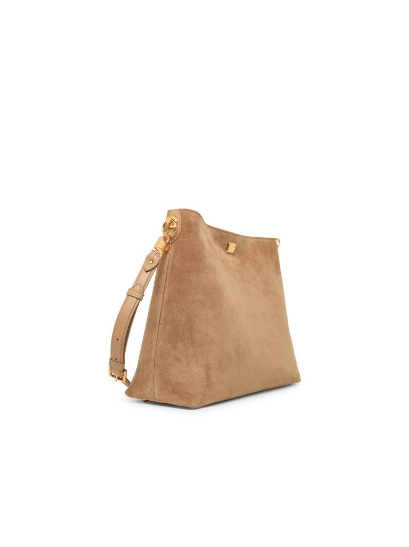 Dolce & Gabbana Large Beige Suede 'Vittoria' Shoulder Bag With Vintage Brass Accents