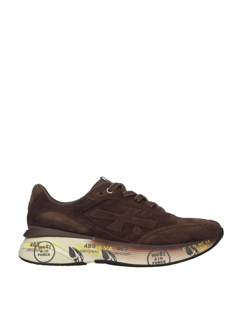 Premiata Rich Brown Suede Graphic Text Sneakers