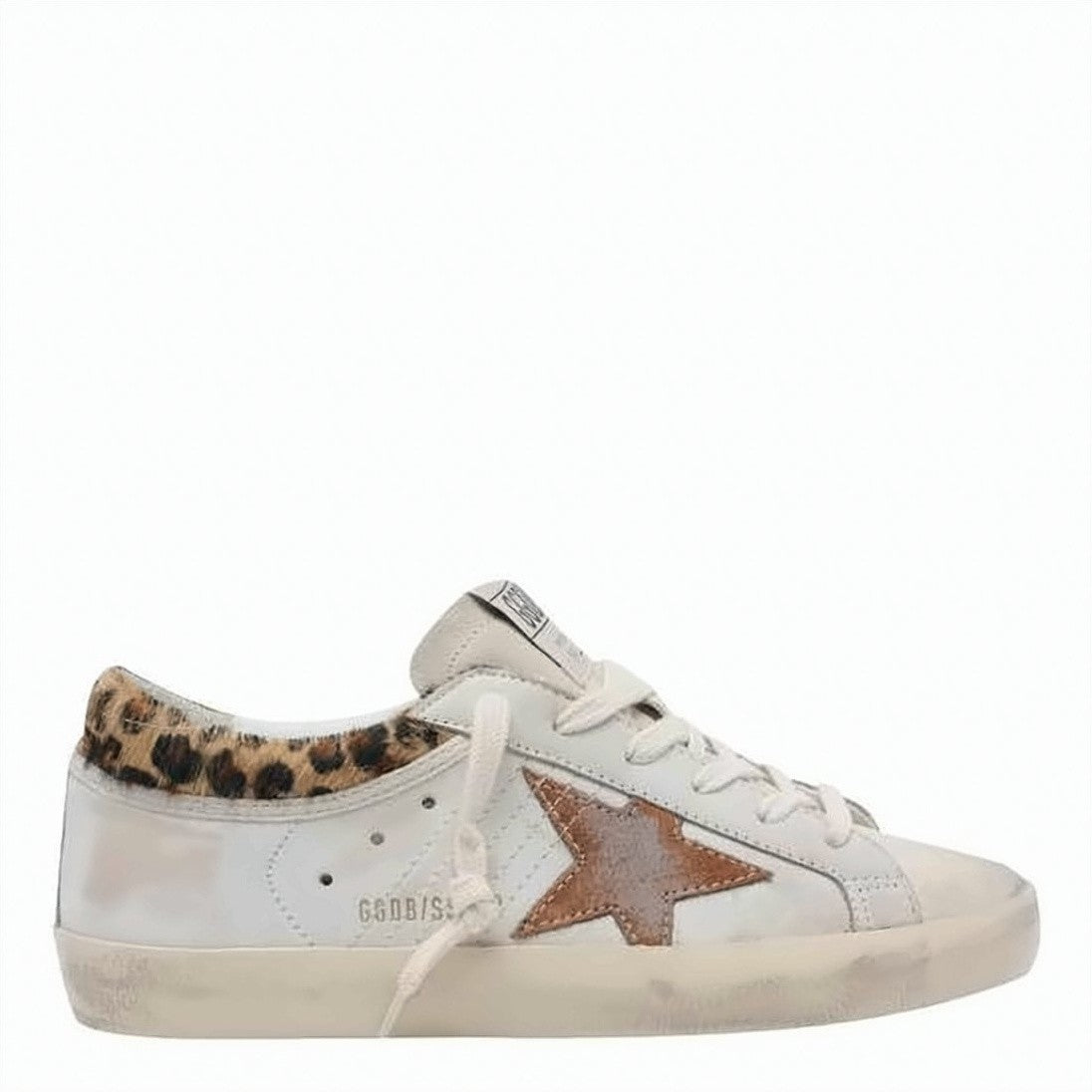 Golden Goose Distressed White Leather Sneakers With Suede Star And Leopard Print Accents