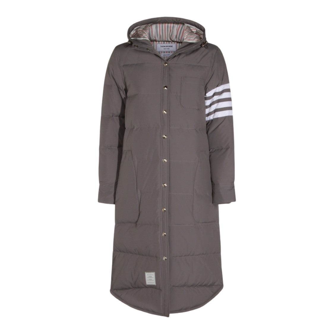 Thom Browne Long Padded Coat With Hood And Distinctive Stripe Detail