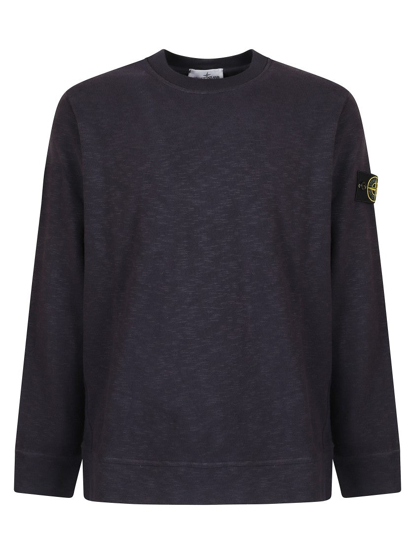 Stone Island Crew Neck Blue Sweater With Textured Fabric And Logo Patch