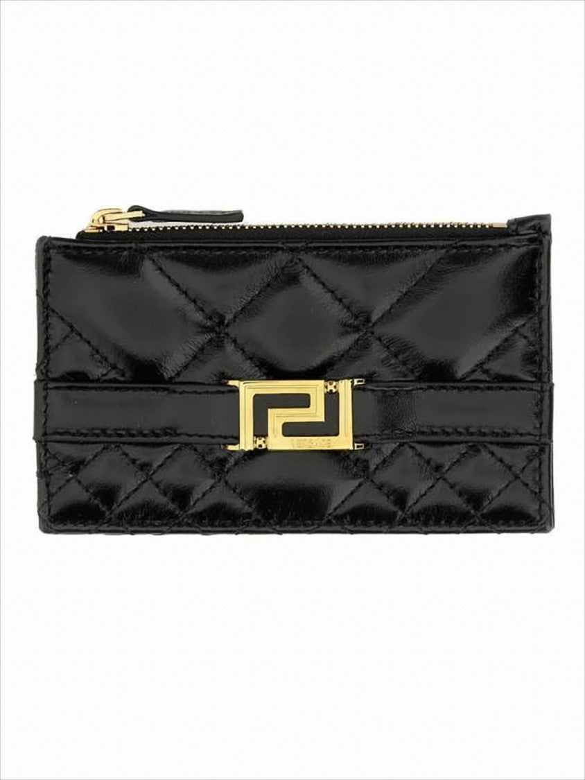 Versace Rectangular Quilted Lambskin Card Wallet With Gold-Tone Clasp