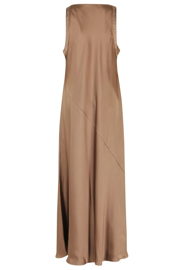 Antonelli Walnut Acetate-Blend Shawl Neckline Sequin Trim Maxi Dress