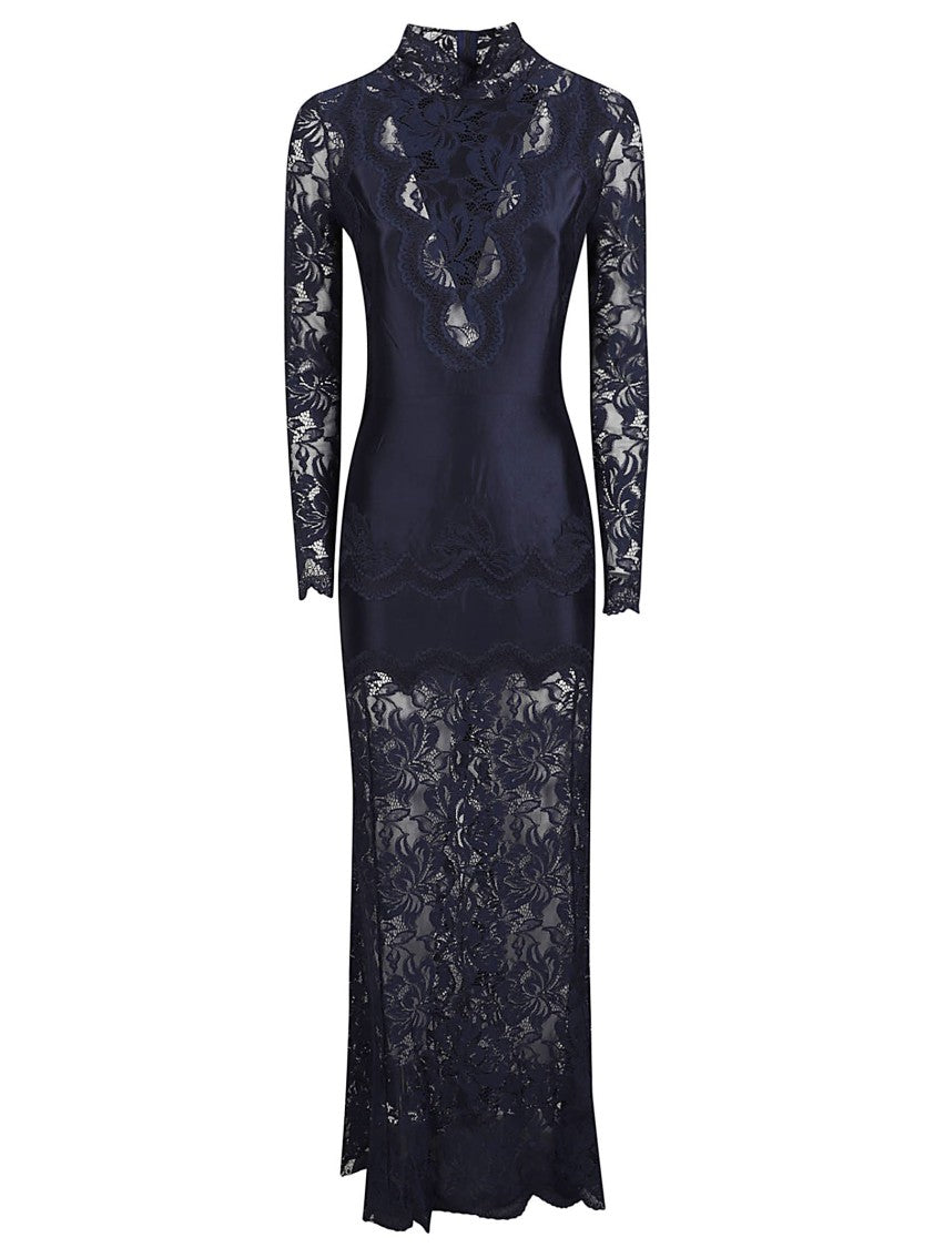 Rabanne Fitted Maxi Dress With Floral Lace Panels And Scalloped Hem