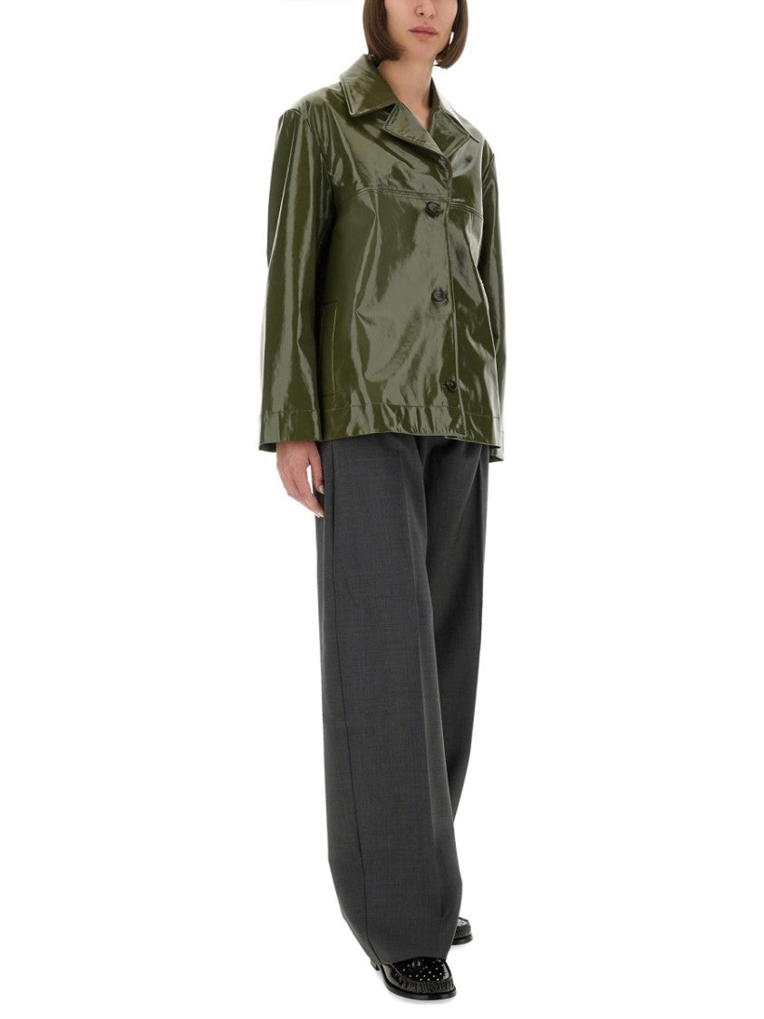 Ps Paul Smith Glossy-Finish Green Leather Jacket With Classic Collar