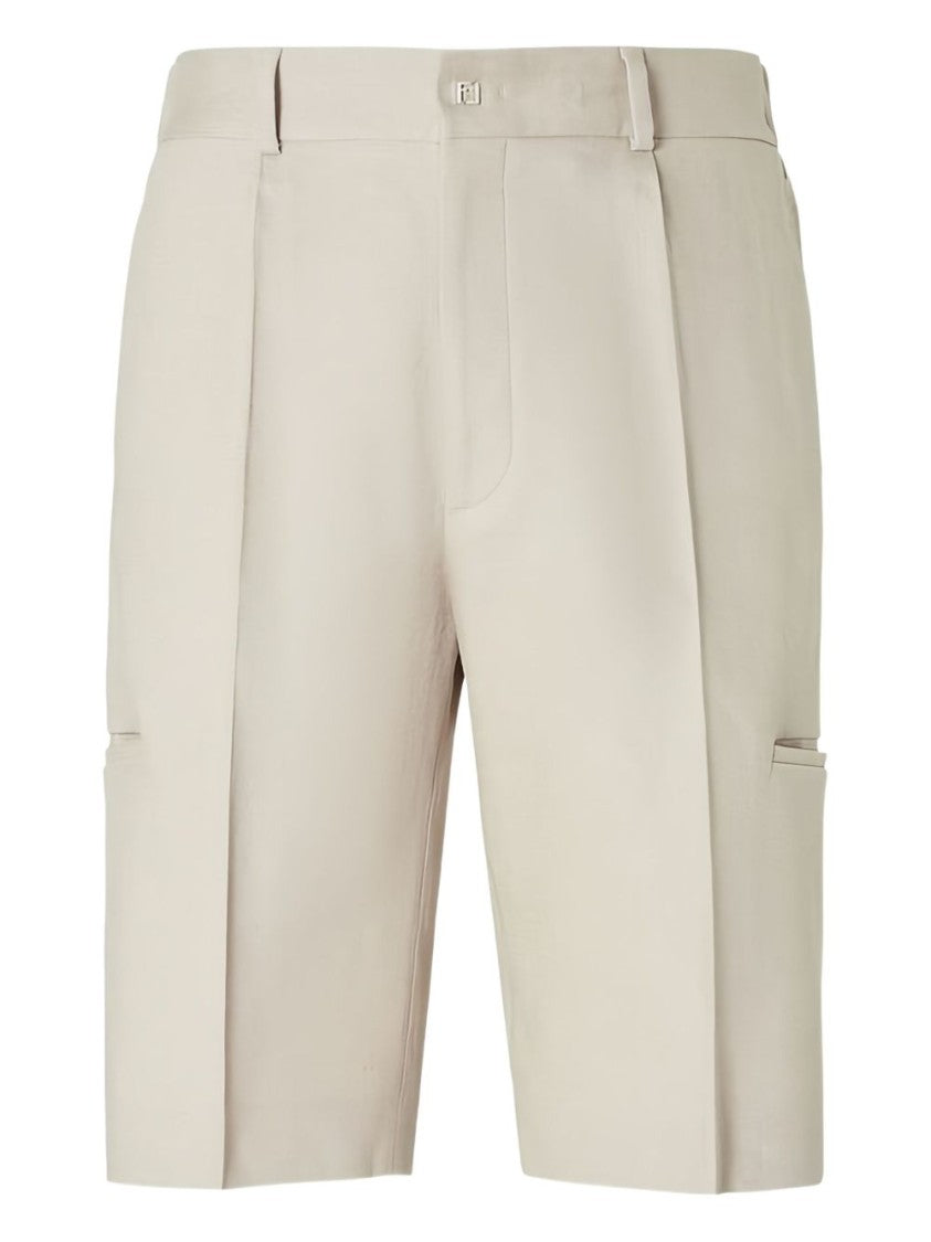 Fendi Linen Bermuda Shorts With Ironed Pleats And Palladium Logo Detail