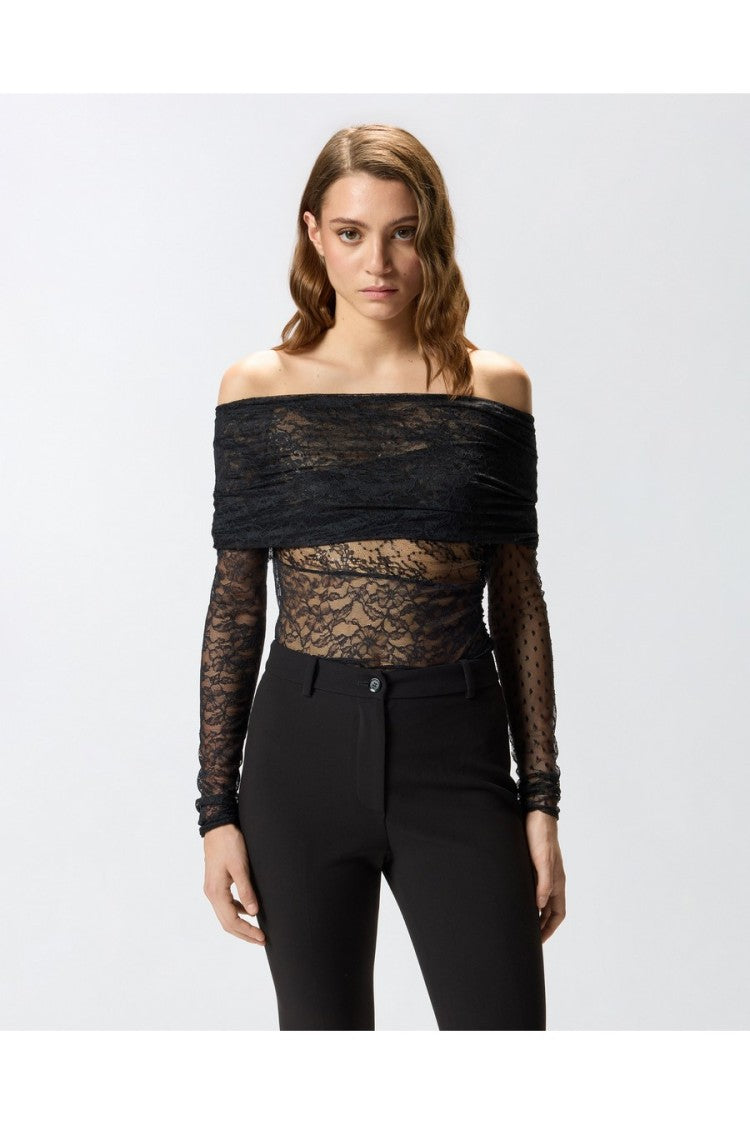 Pinko Black Sheer Draped Off-Shoulder Lace Bodysuit