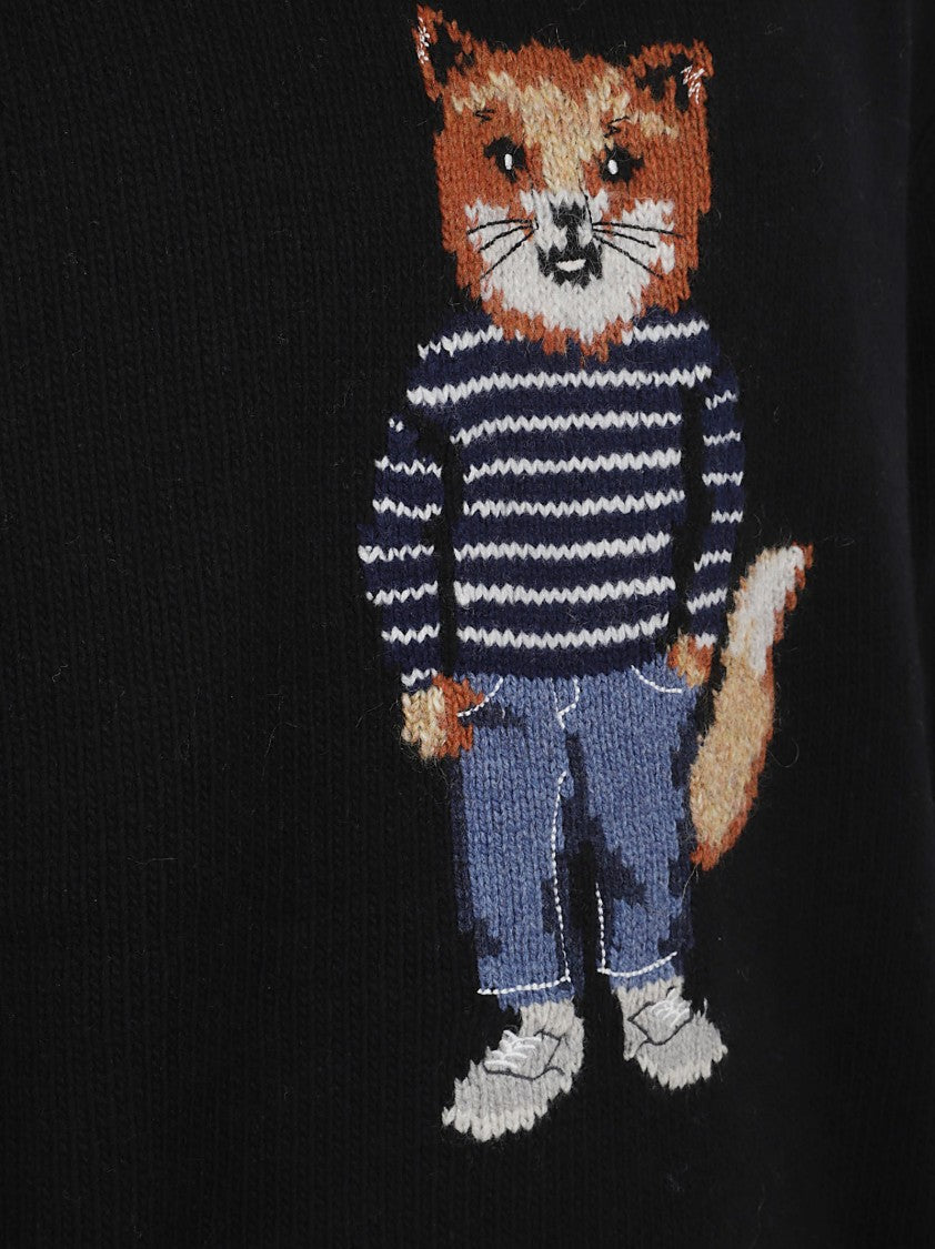 Maison Kitsuné Black Knit Sweater With Playful Fox Embroidery