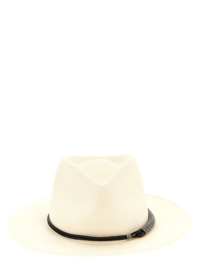 Brunello Cucinelli Woven Raffia Fedora Hat With Tubular Leather Band
