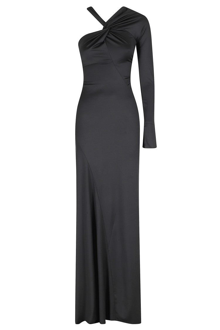 Victoria Beckham Black One-Shoulder Draped Train Polyester Maxi Dress