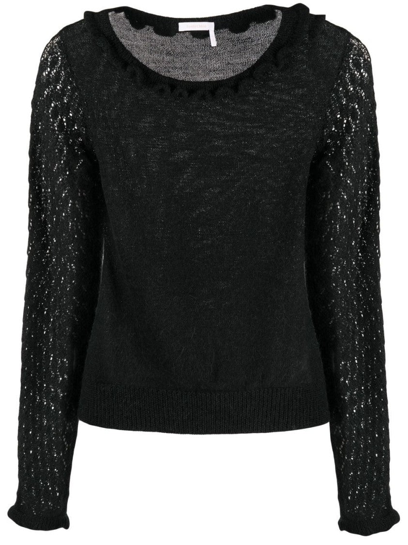 Chloé Classic Round Neck Black Pullover With Open-Knit Sleeve Detail