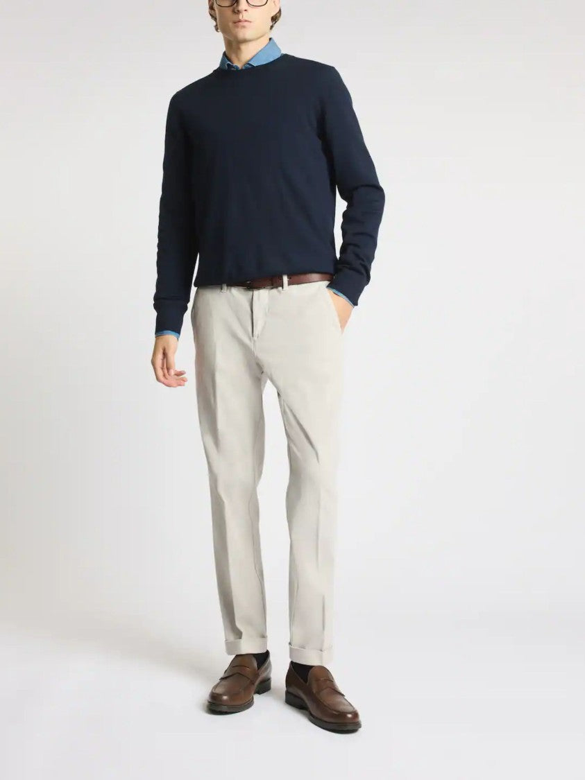 Fay Navy Blue Fine Knit Wool Sweater With Crew Neck And Ribbed Details