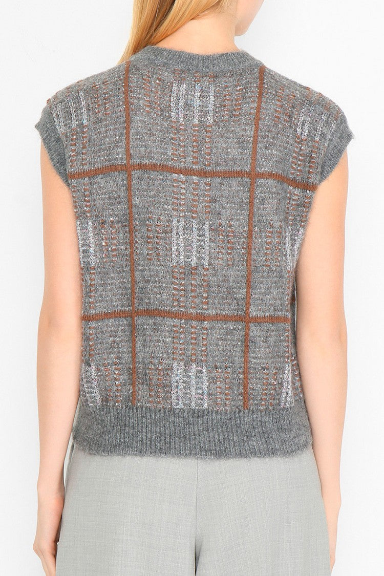 Max Mara Grey Mstepopea Check Sleeveless Polyester-Blend Sweater