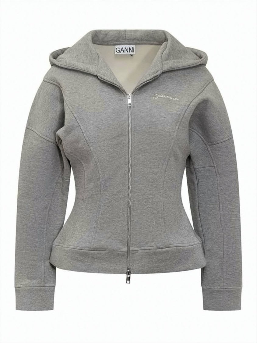 Ganni Fitted Grey Organic Cotton Hoodie With Structured Paneling