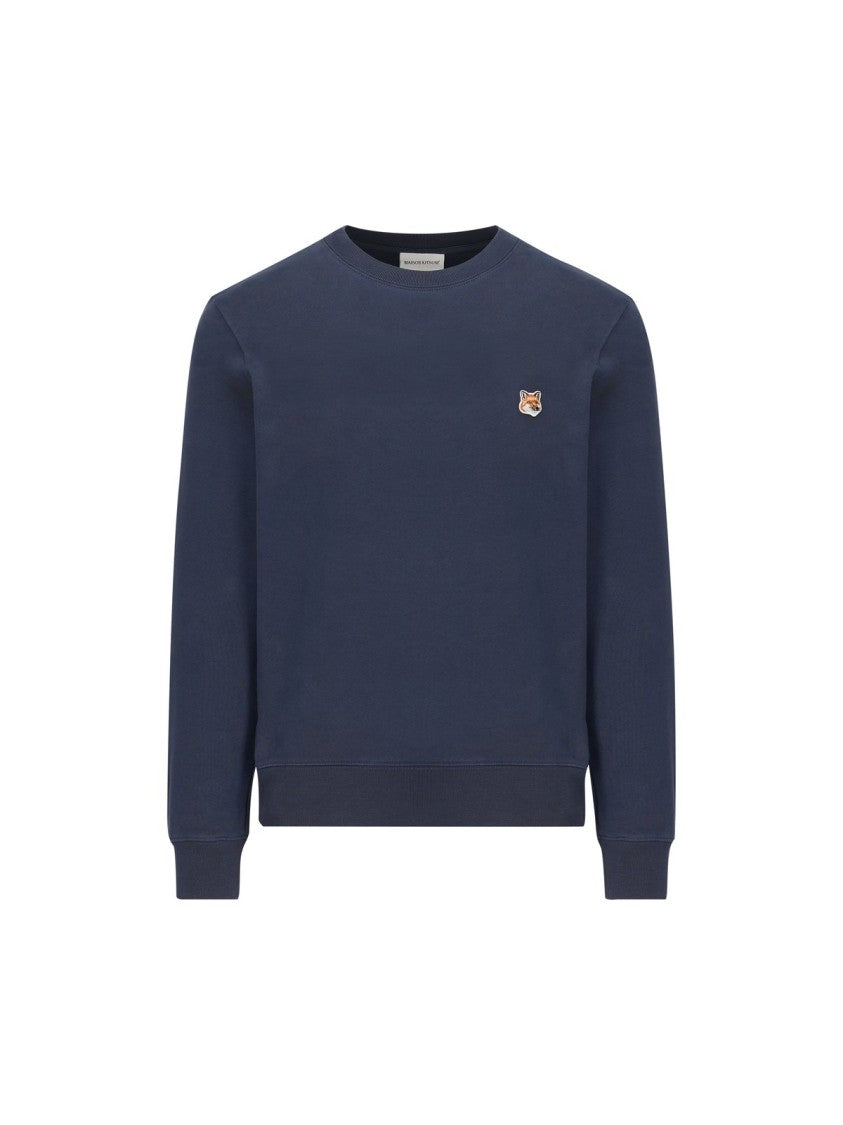 Maison Kitsuné Long Sleeve Crewneck Sweatshirt In Solid Deep Blue With Embroidered Fox Logo