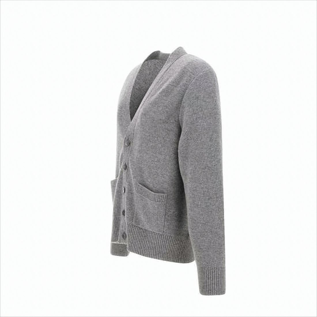 Thom Browne V-Neck Grey Wool Cardigan With Distinctive Stripe Detail