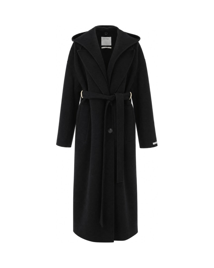 Sportmax Nero Olmo Hooded Bib Belted Wool Coat