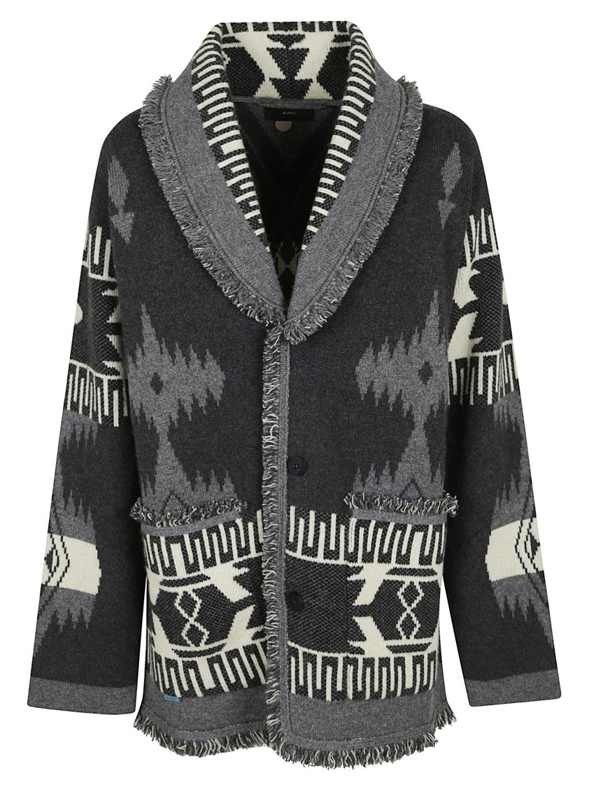 Alanui Geometric Patterned Cashmere Cardigan With Fringed Edges
